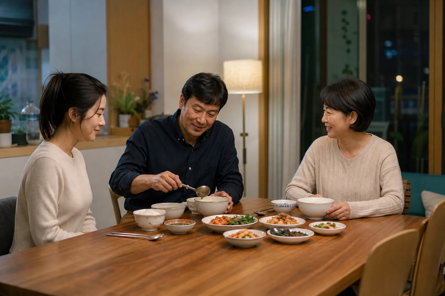 Three Korean adults beginning a hosted meal with rice soup and shared side dishes on the table