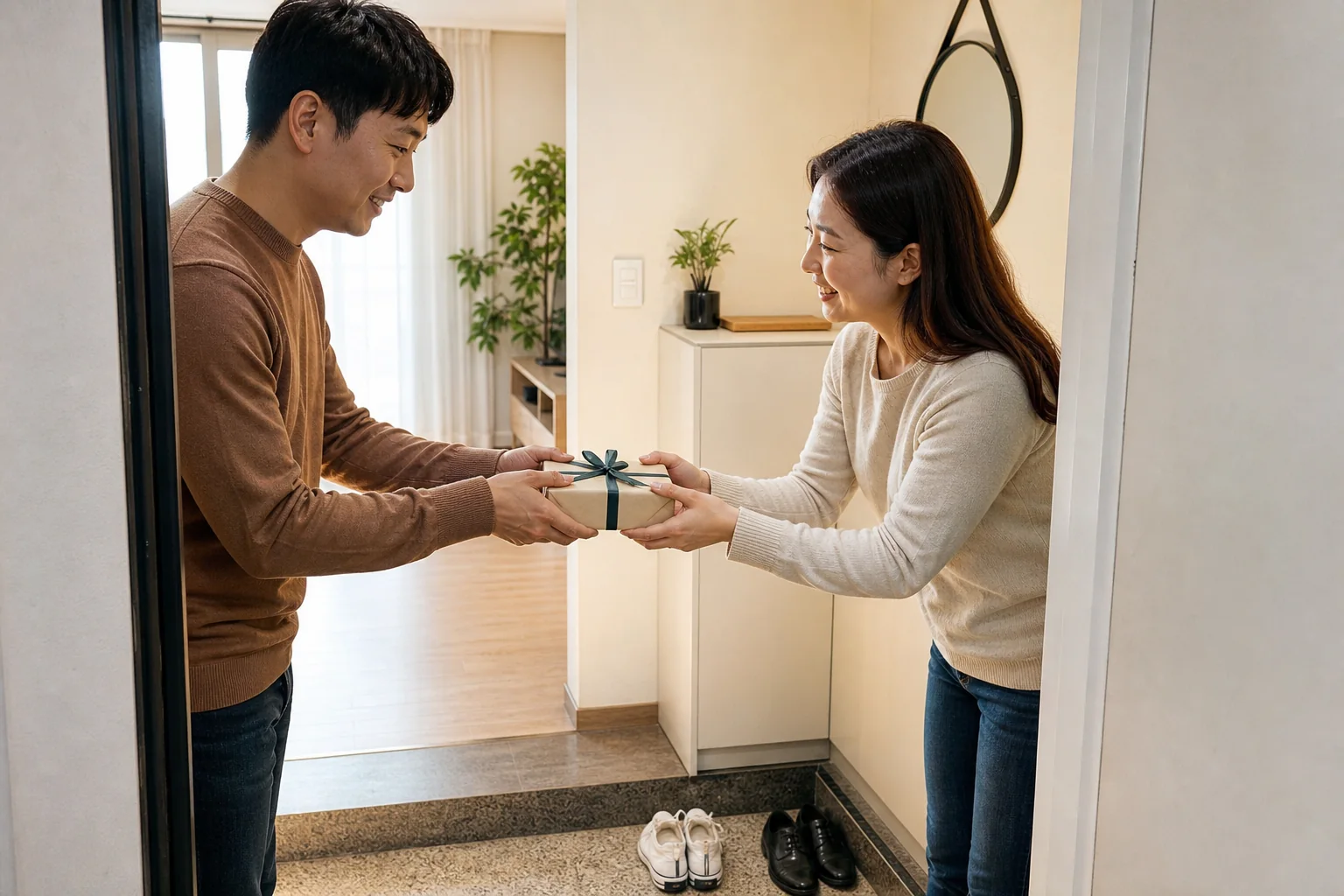 Korean host and visitor exchanging a wrapped gift carefully with both hands at a home entrance