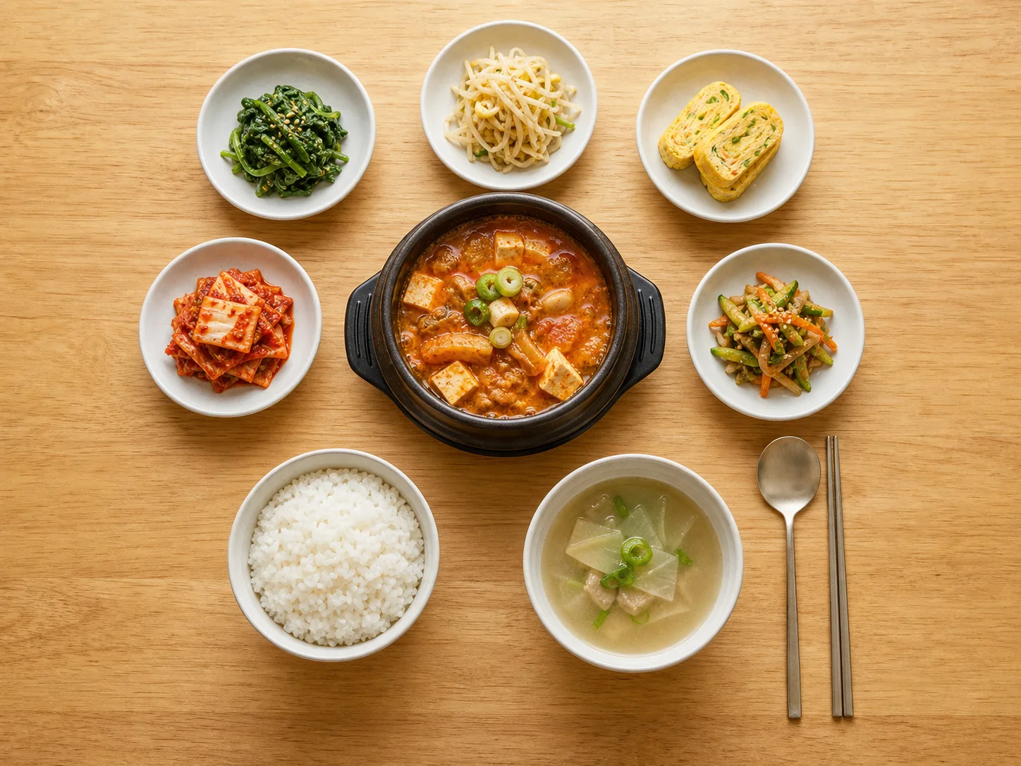 Korean food culture vocabulary table setting with rice, soup, stew, five shared side dishes, spoon, and metal chopsticks