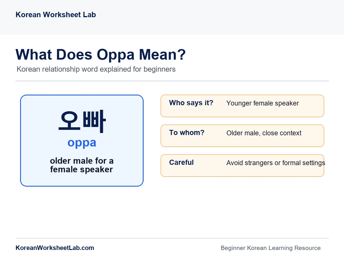 Oppa meaning in Korean chart with Hangul, romanization, and English explanation