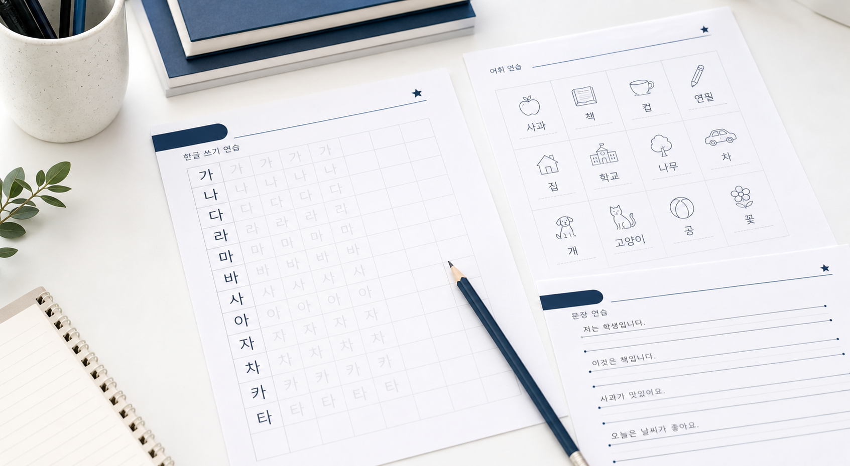 Korean worksheets, Hangul practice sheets, and study materials on a clean desk