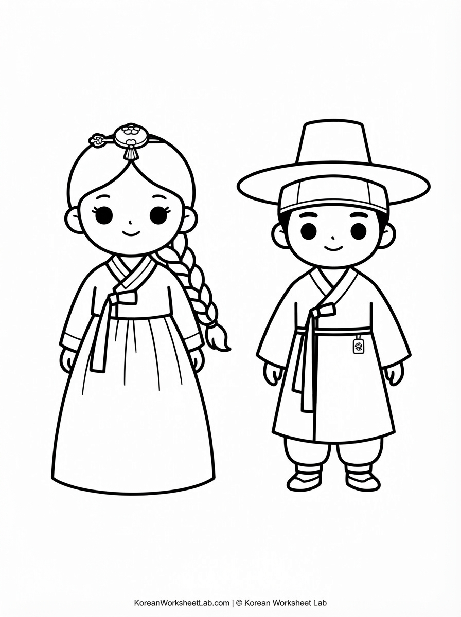 Korean Hanbok Coloring Worksheet printable coloring page preview
