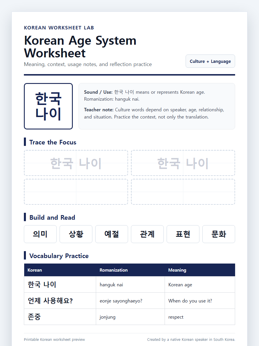 Korean Age System Explained printable Korean worksheet preview