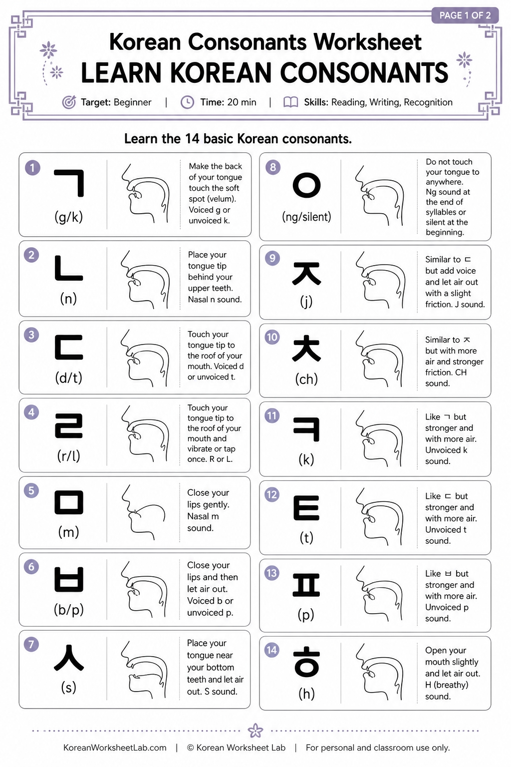 Korean Alphabet PDF in English printable Korean worksheet preview