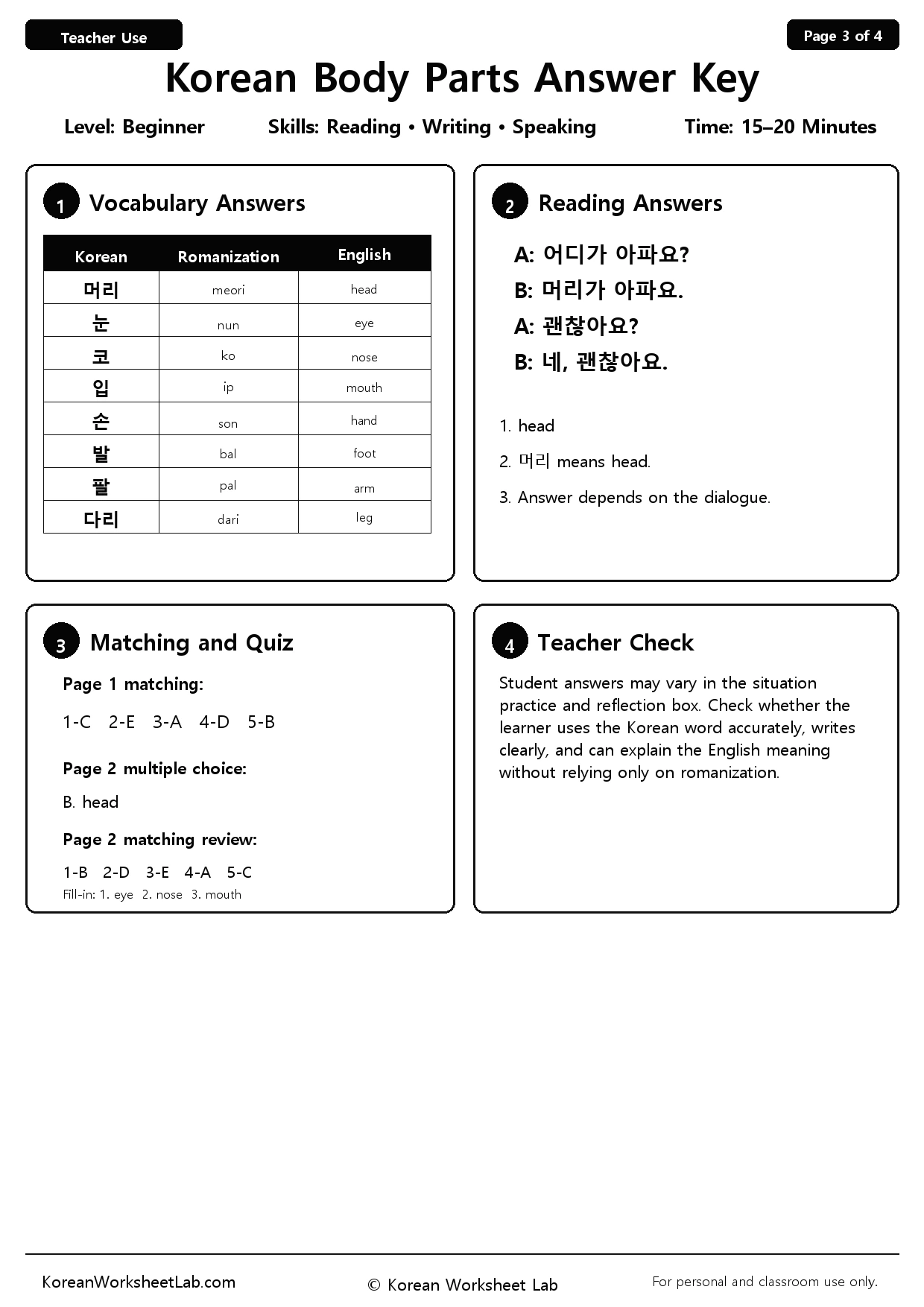 Korean Body Parts Worksheet Page 3: Answer Key preview