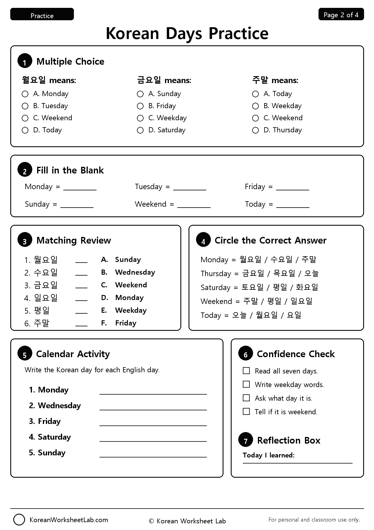 Korean Days of the Week Worksheet page 2 printable Korean worksheet preview