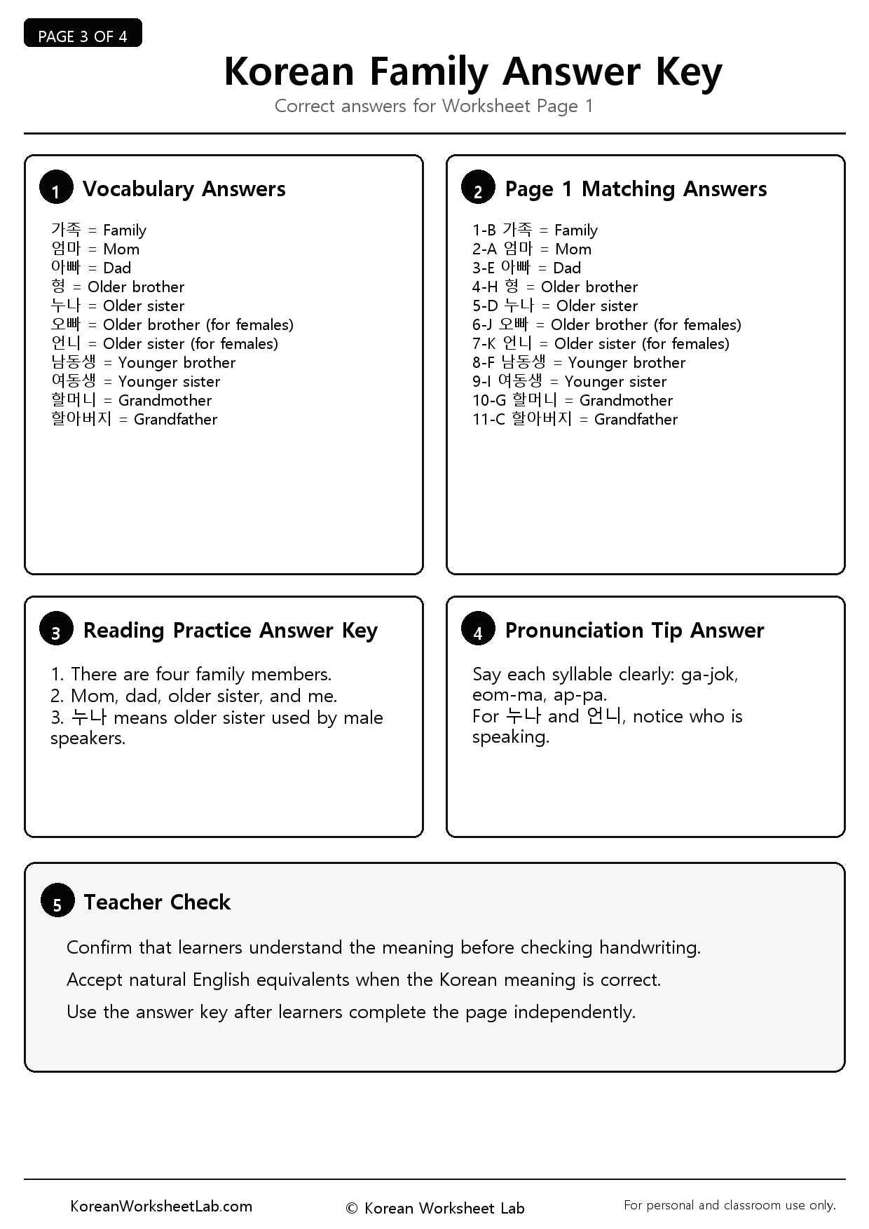 Korean Family Vocabulary Page 3: Answer Key preview