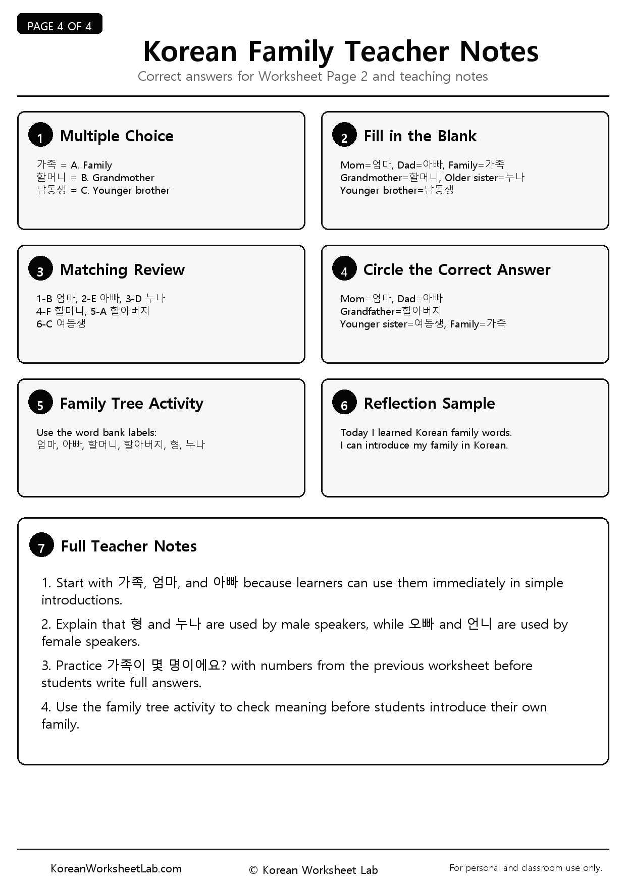 Korean Family Vocabulary Page 4: Teacher Notes preview