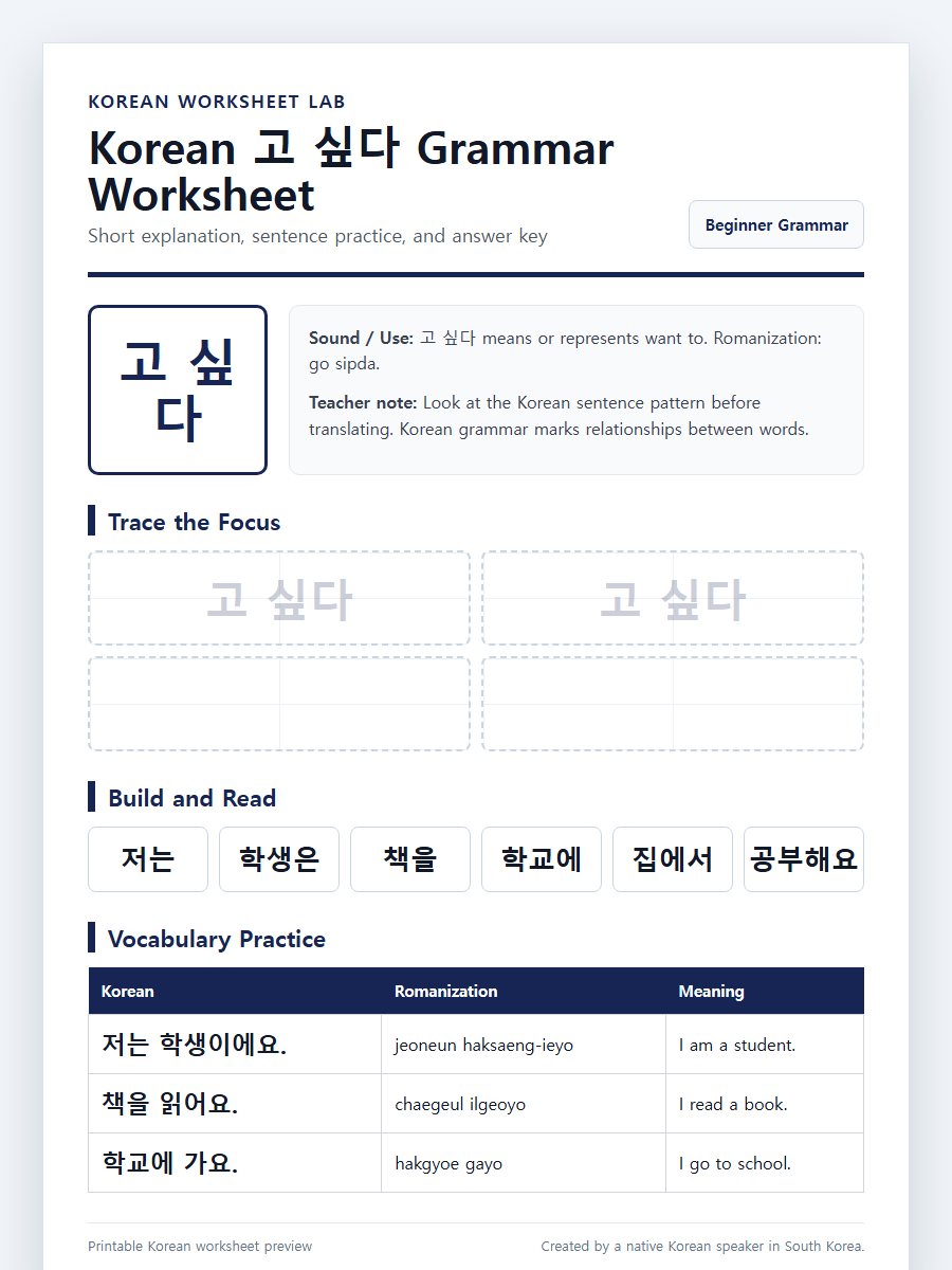 Korean 고 싶다 Grammar printable Korean worksheet preview