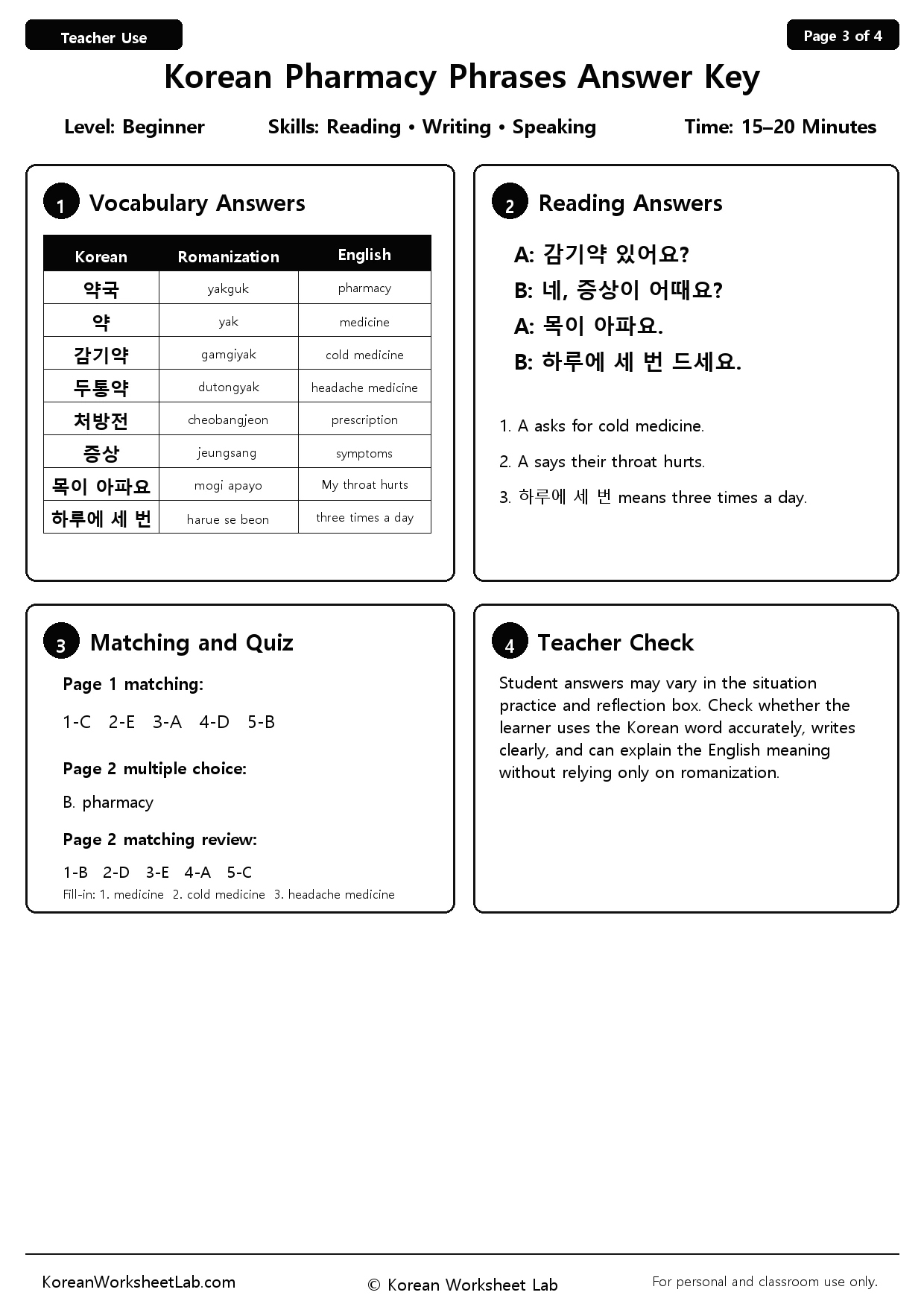 Korean Pharmacy Phrases Worksheet Page 3: Answer Key preview