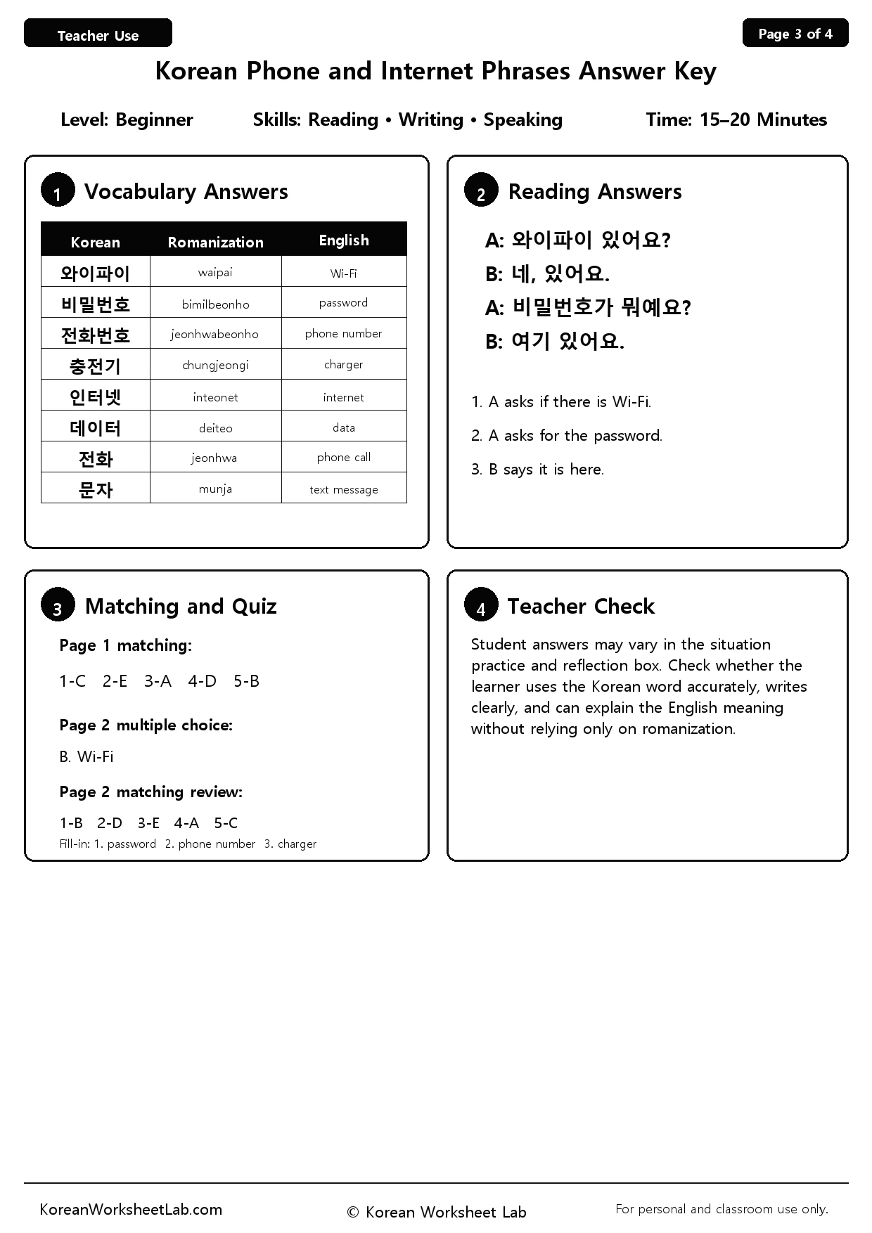 Korean Phone and Internet Phrases Worksheet Page 3: Answer Key preview