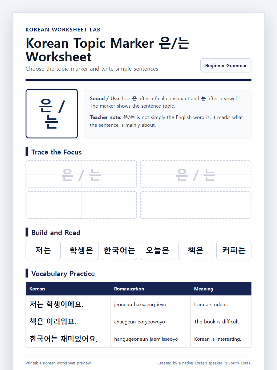 Korean Topic Marker 은/는 printable Korean worksheet preview