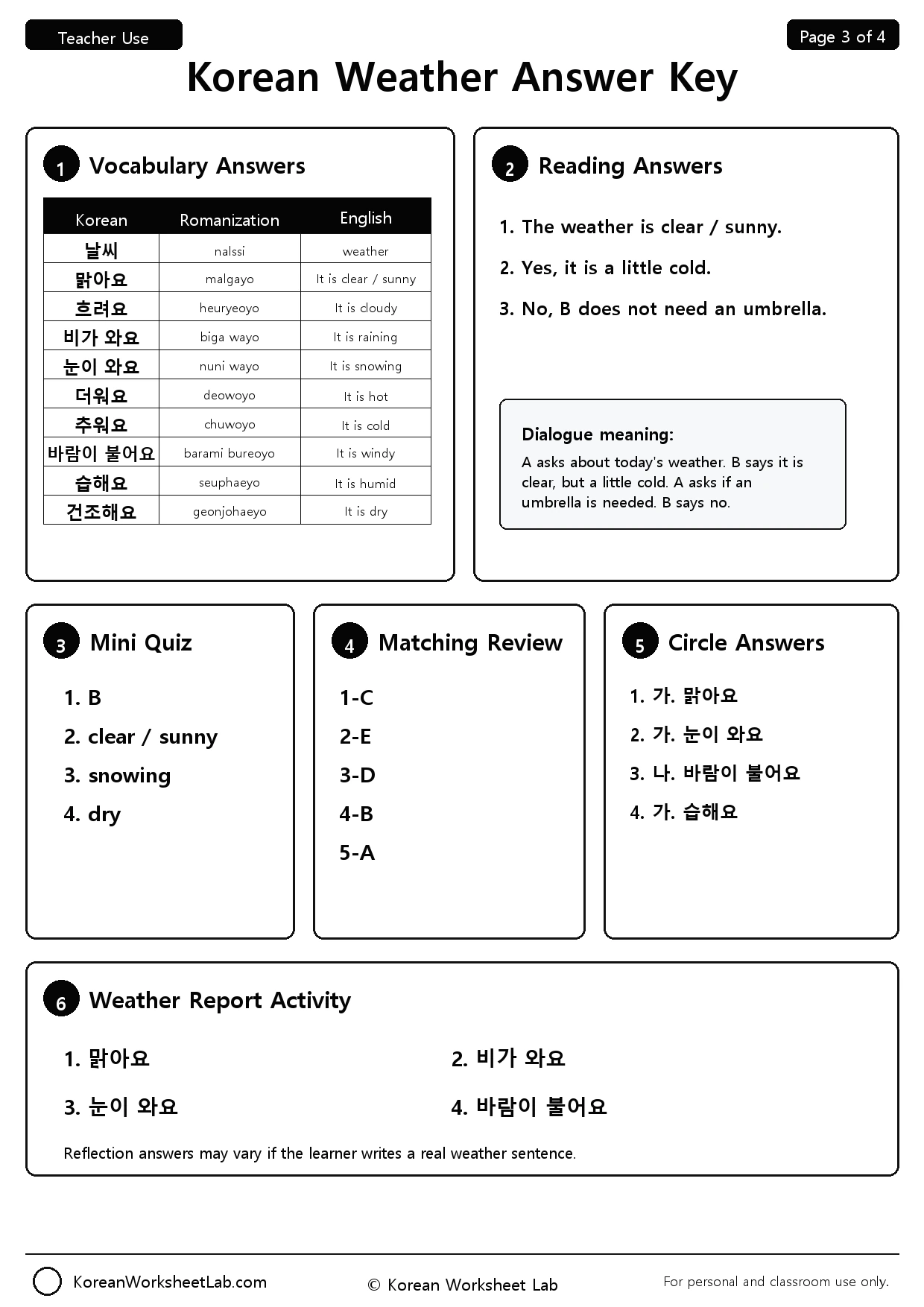 Korean Weather Worksheet Page 3: Answer Key preview