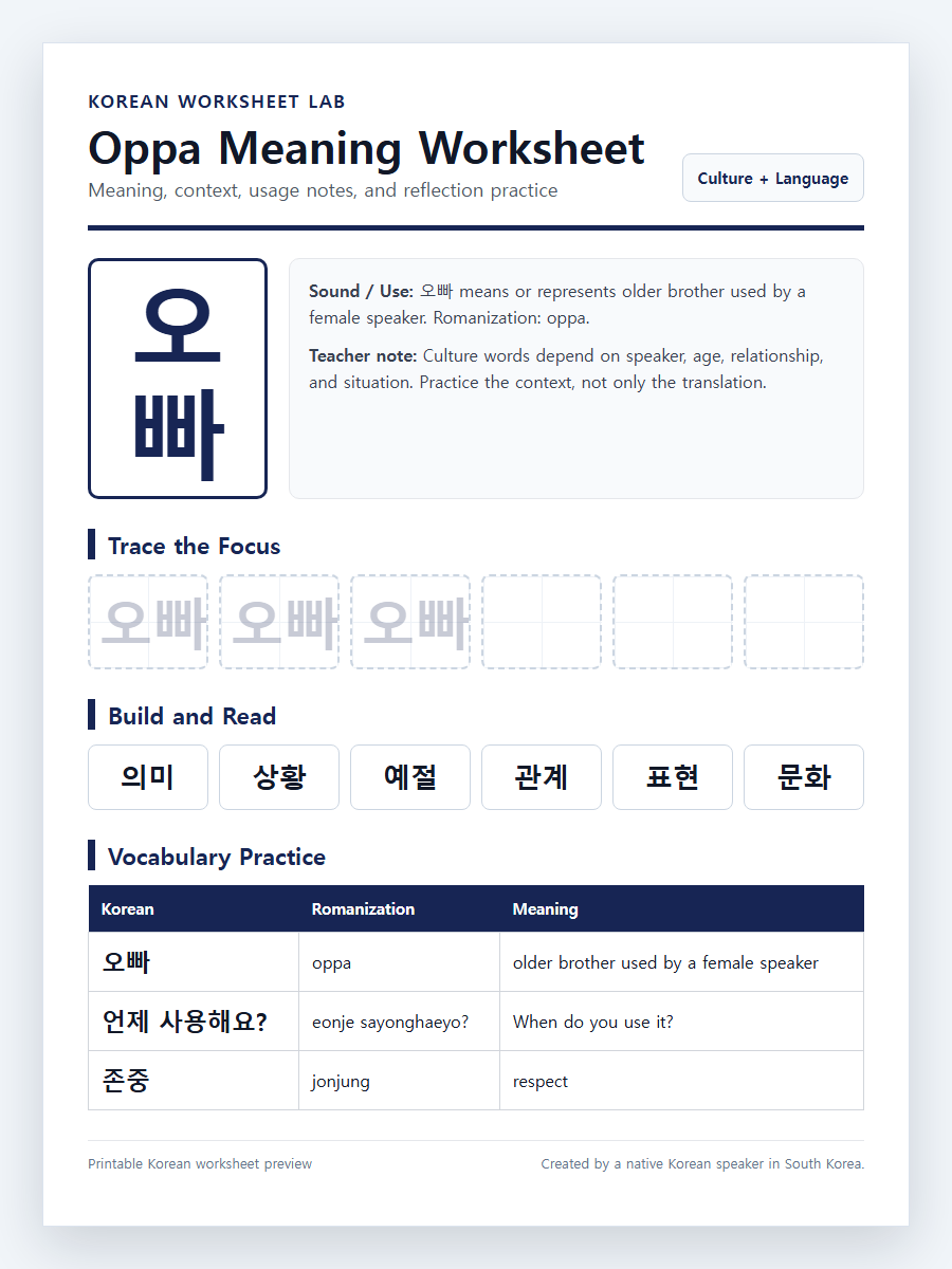 Oppa Meaning in Korean printable Korean worksheet preview