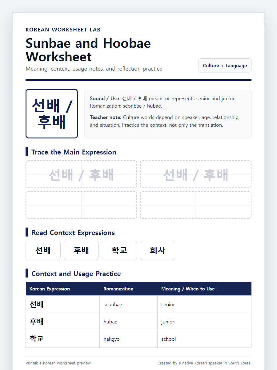 Sunbae and Hoobae Meaning in Korean printable Korean worksheet preview