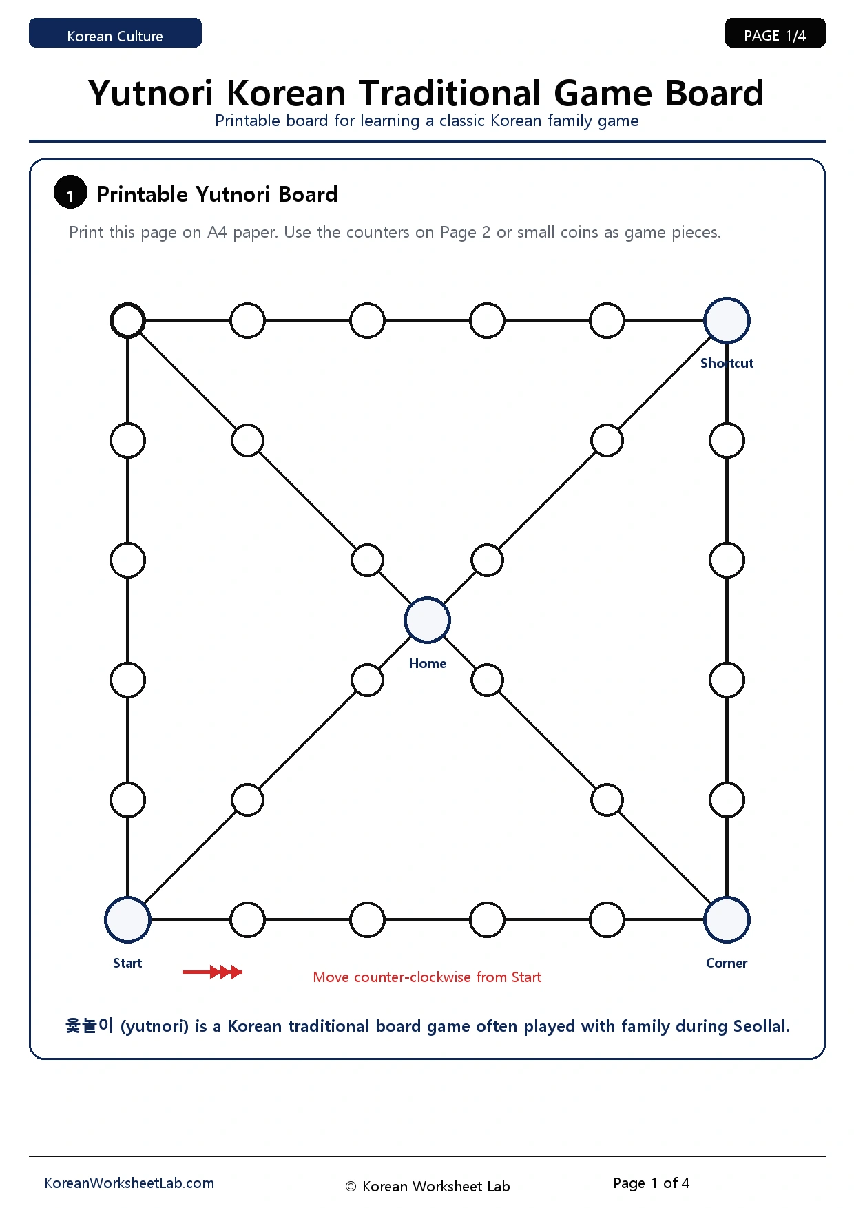 Yutnori Korean Traditional Game Printable page 1 printable Korean worksheet preview
